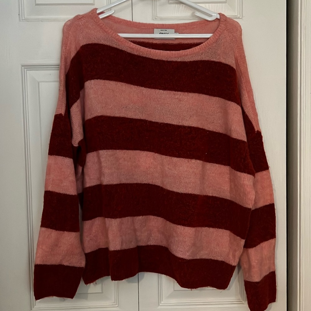 Oversized red and pink striped sweater from Only Our Story, XS.
